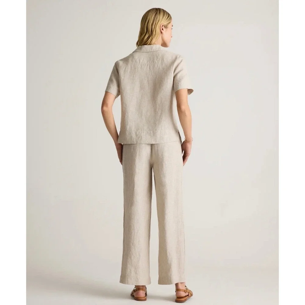 Quince 100% European Linen Wide Leg Pants Flax Beige Large Drawstring Trouser